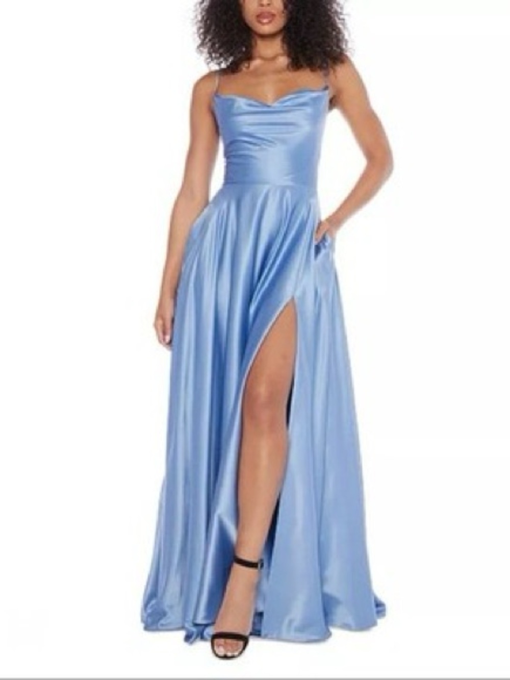 B Darlin Satin Light Blue Spaghetti‑Strap Evening Gown